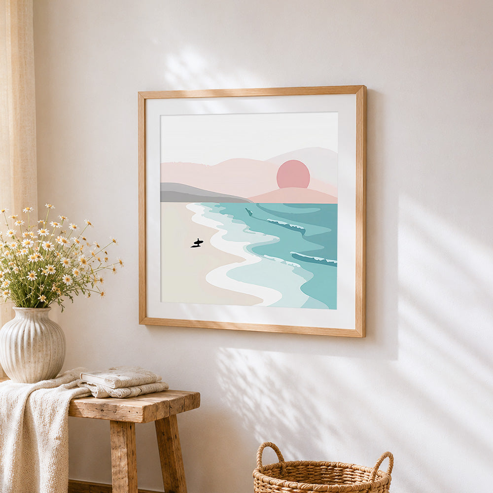Minimalist surfer beach cross stitch artwork displayed on wall as home decor