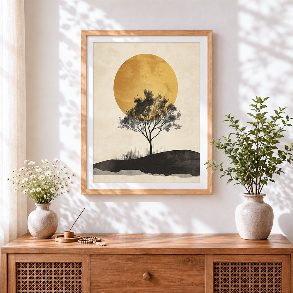 Finished minimalist tree and golden sun cross stitch artwork displayed
