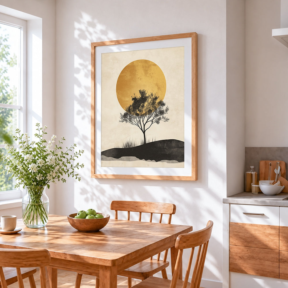 Minimalist tree and golden sun cross stitch artwork displayed on wall as home decor