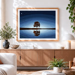 Finished minimalist tree reflection in water cross stitch artwork displayed