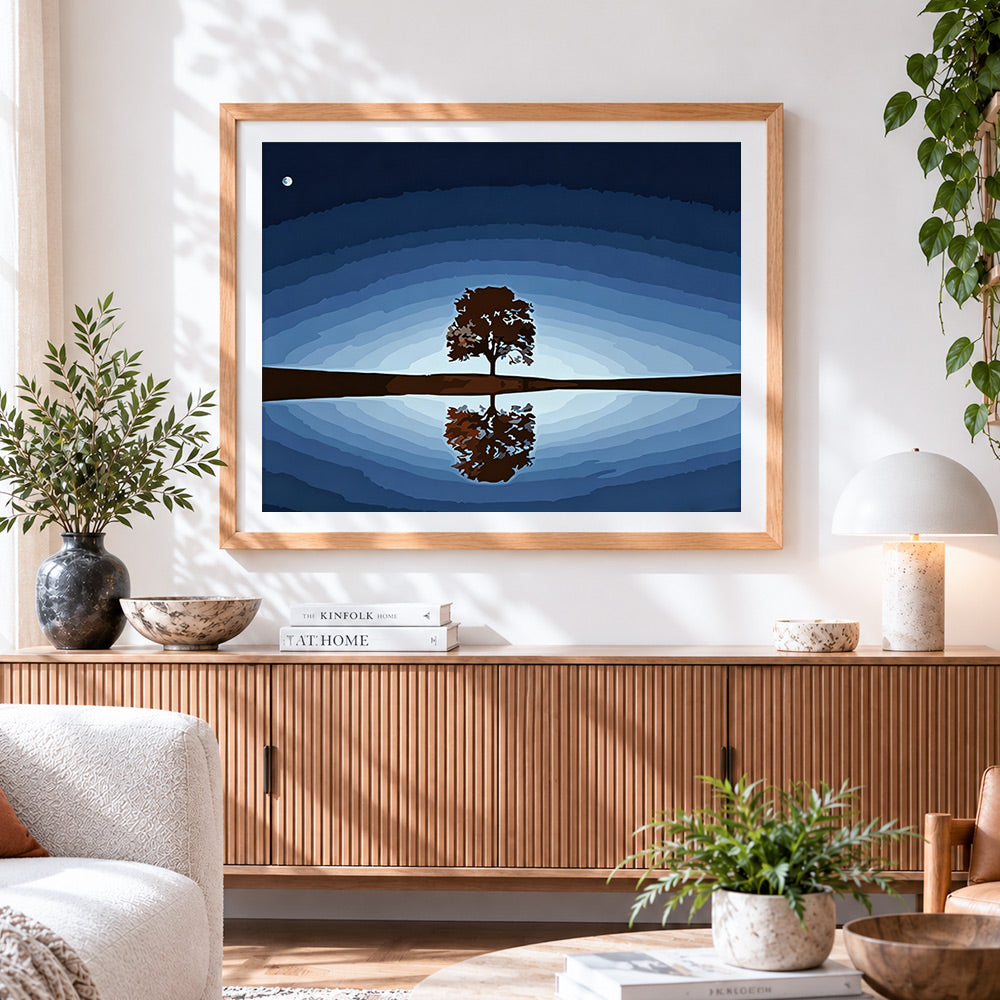 Finished minimalist tree reflection in water cross stitch artwork displayed