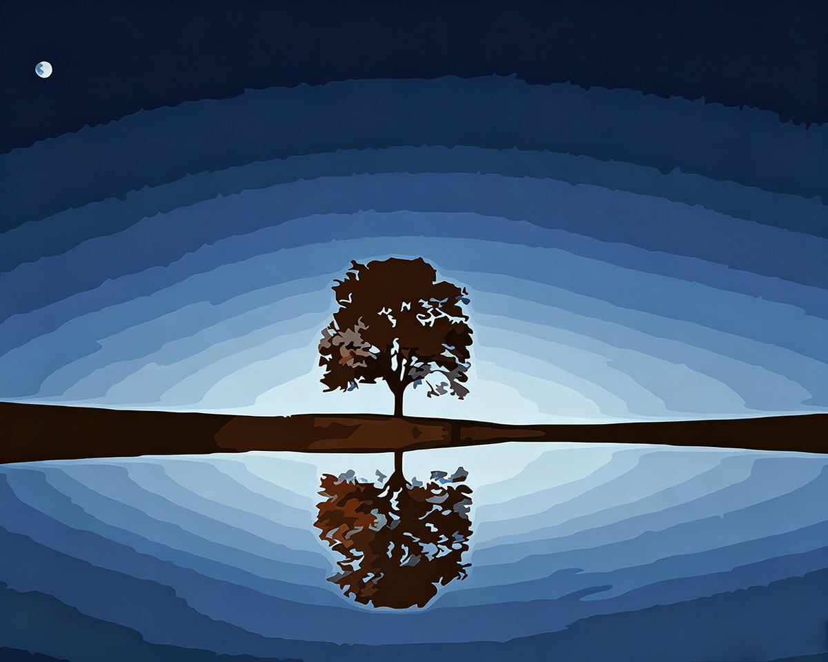 Minimalist tree reflection in water paint by numbers kit for beginners