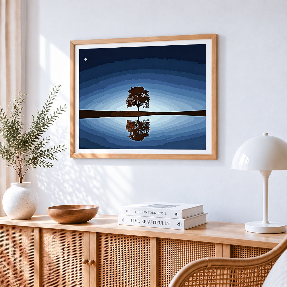 Minimalist tree reflection in water paint by numbers artwork displayed on wall as home decor