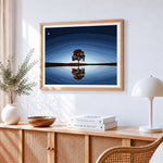 Minimalist tree reflection in water paint by numbers artwork displayed on wall as home decor
