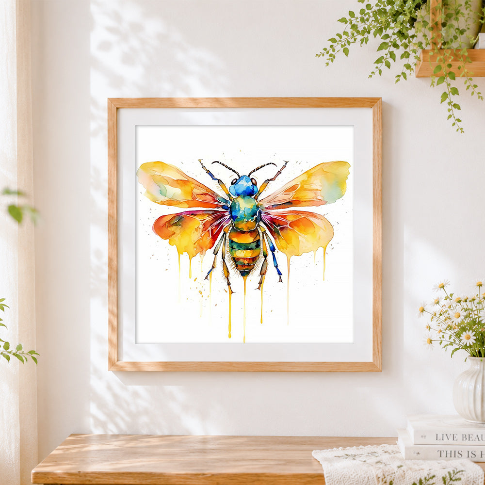 Finished minimalist watercolour bee with drip effect cross stitch artwork displayed