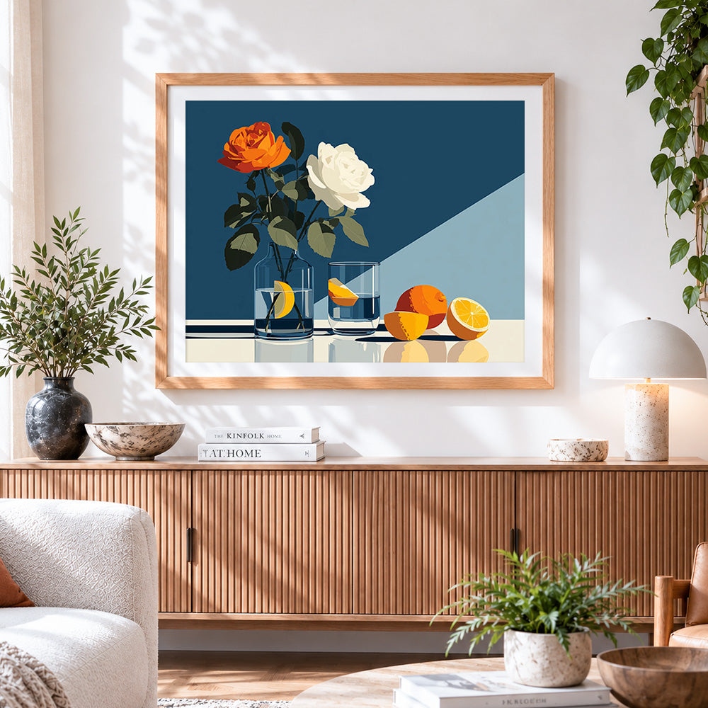 Finished minimalist white and orange roses paint by numbers artwork displayed as home decor