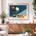 Finished minimalist white and orange roses paint by numbers artwork displayed as home decor