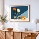 Minimalist white and orange roses paint by numbers artwork displayed on wall as home decor