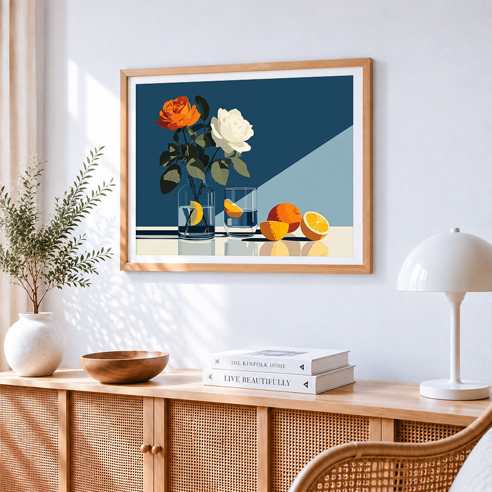 Minimalist white and orange roses paint by numbers artwork displayed on wall as home decor