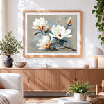 Finished minimalist white magnolia branch paint by numbers artwork displayed as home decor
