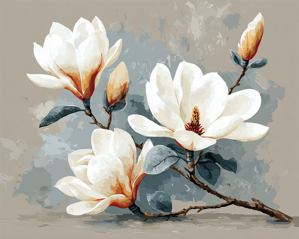Minimalist white magnolia branch paint by numbers kit for beginners