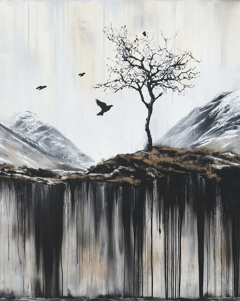 Minimalist winter tree and crows cross stitch kit for beginners
