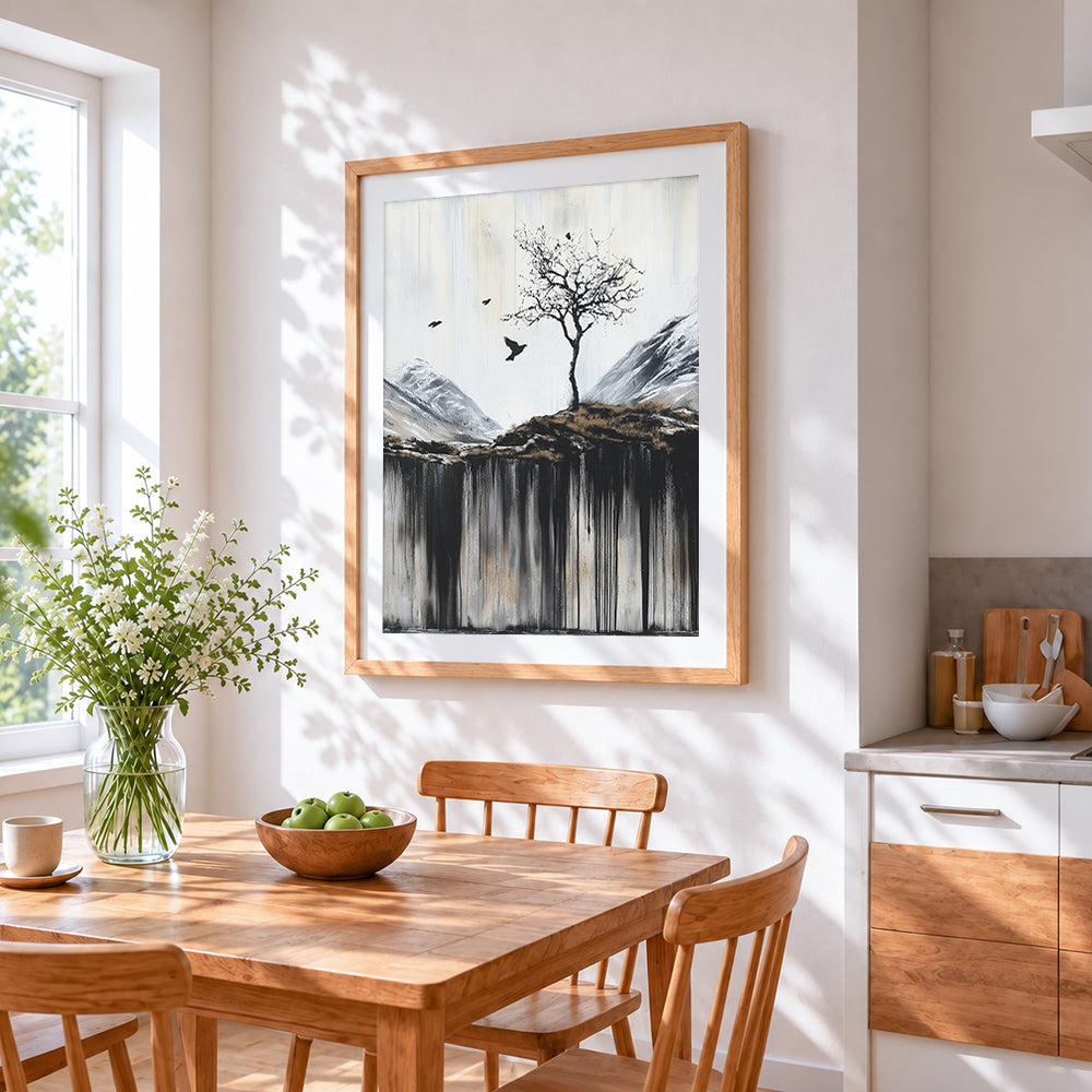 Minimalist winter tree and crows cross stitch artwork displayed on wall as home decor