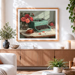 Finished mint green typewriter and red roses paint by numbers artwork displayed as home decor