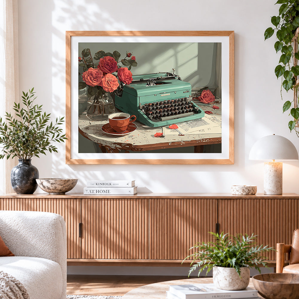 Finished mint green typewriter and red roses paint by numbers artwork displayed as home decor