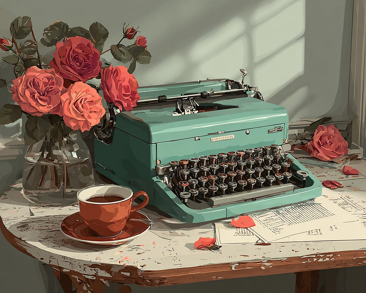 Mint green typewriter and red roses paint by numbers kit for beginners