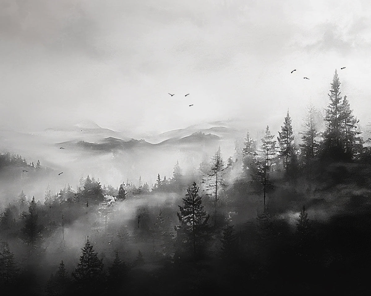 Misty black and white forest cross stitch kit for beginners