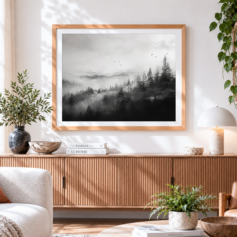Finished misty black and white forest paint by numbers artwork displayed as home decor