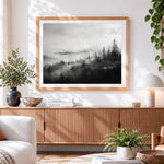 Finished misty black and white forest paint by numbers artwork displayed as home decor