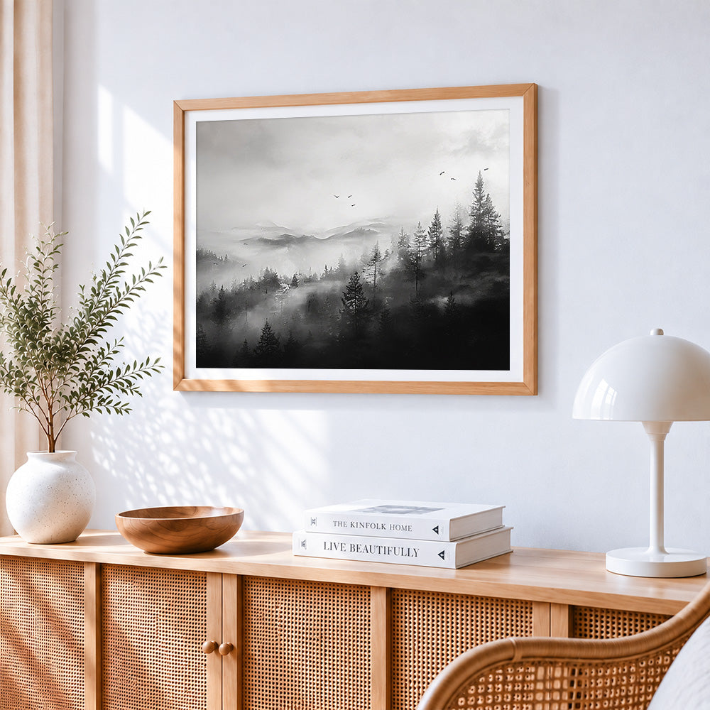 Misty black and white forest paint by numbers artwork displayed on wall as home decor