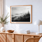 Misty black and white forest paint by numbers artwork displayed on wall as home decor