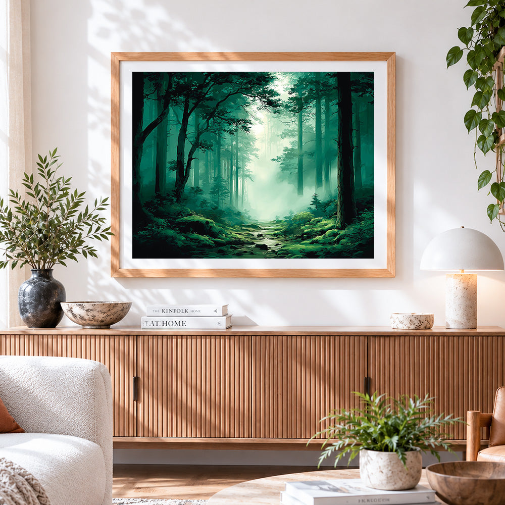 Finished misty green forest path cross stitch artwork displayed