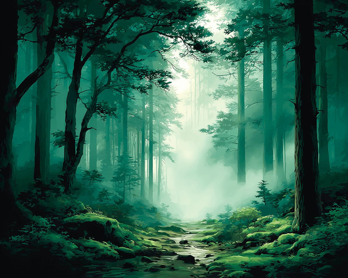 Misty green forest path cross stitch kit for beginners