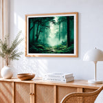 Misty green forest path cross stitch artwork displayed on wall as home decor