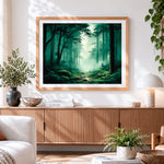 Finished misty green forest path paint by numbers artwork displayed as home decor