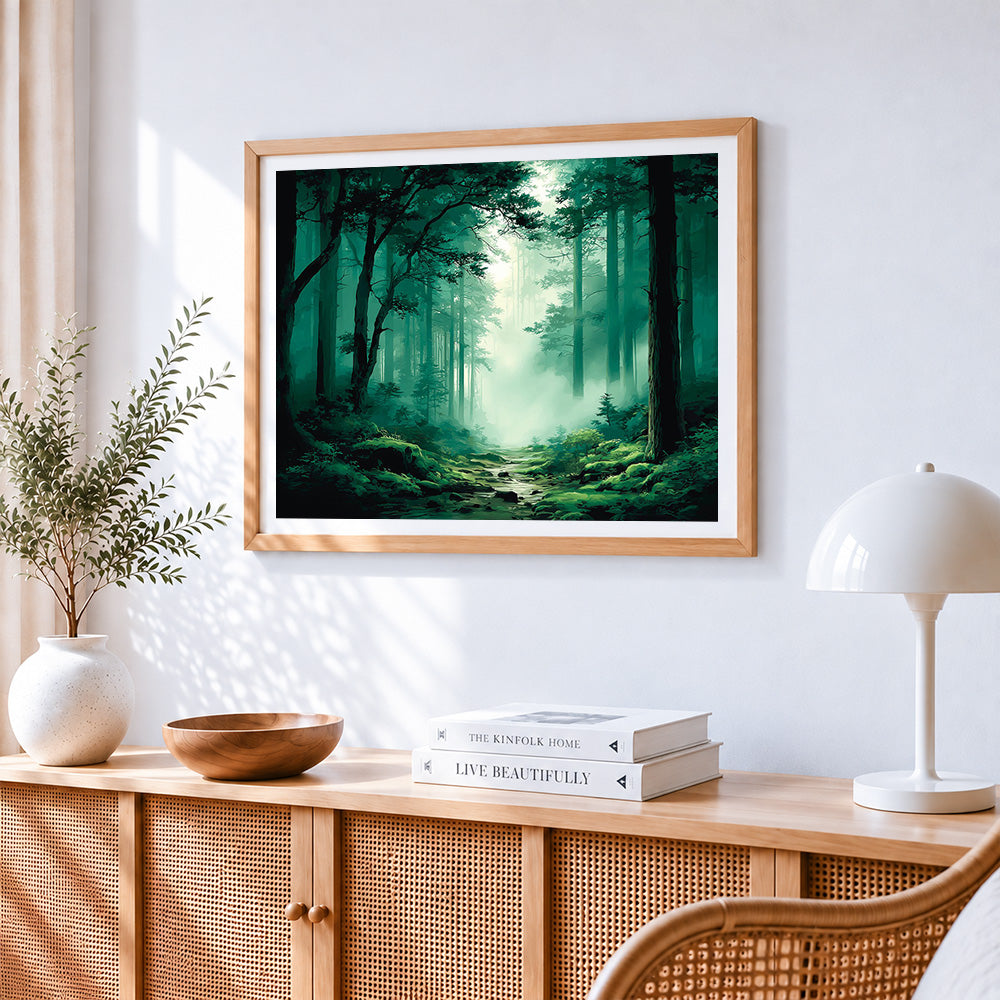 Misty green forest path paint by numbers artwork displayed on wall as home decor