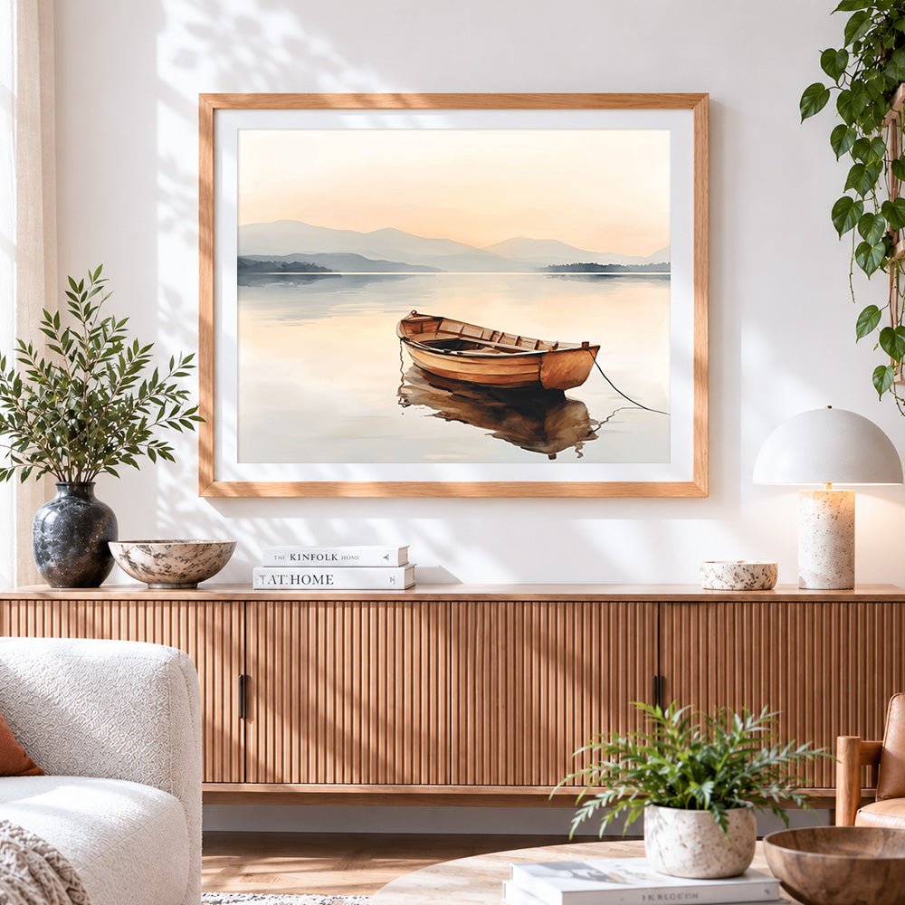 Finished misty morning wooden boat cross stitch artwork displayed