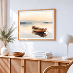 Misty morning wooden boat cross stitch artwork displayed on wall as home decor