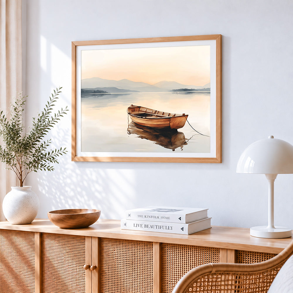 Misty morning wooden boat paint by numbers artwork displayed on wall as home decor