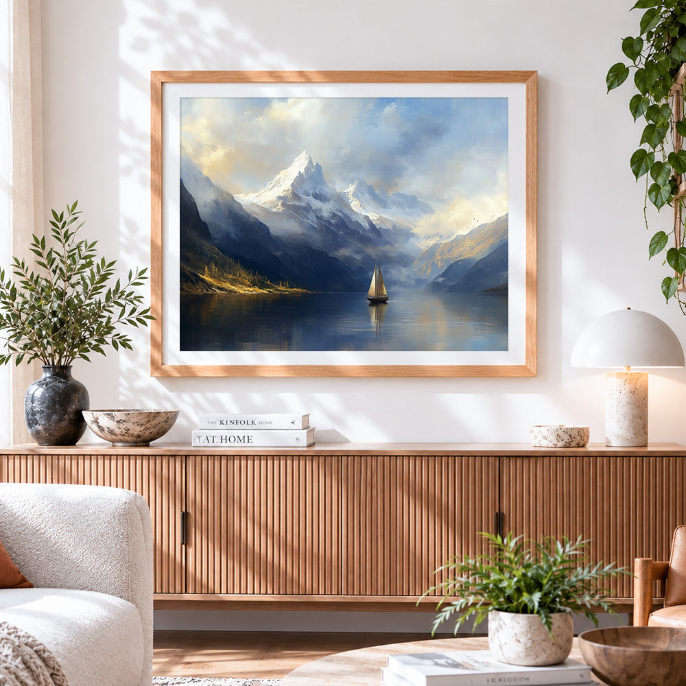 Finished misty mountain and sailboat paint by numbers artwork displayed as home decor