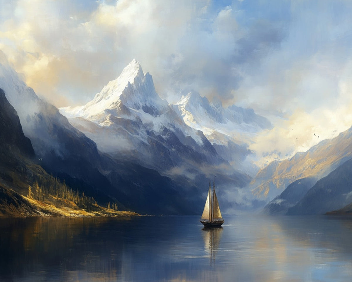 Misty mountain and sailboat paint by numbers kit for beginners