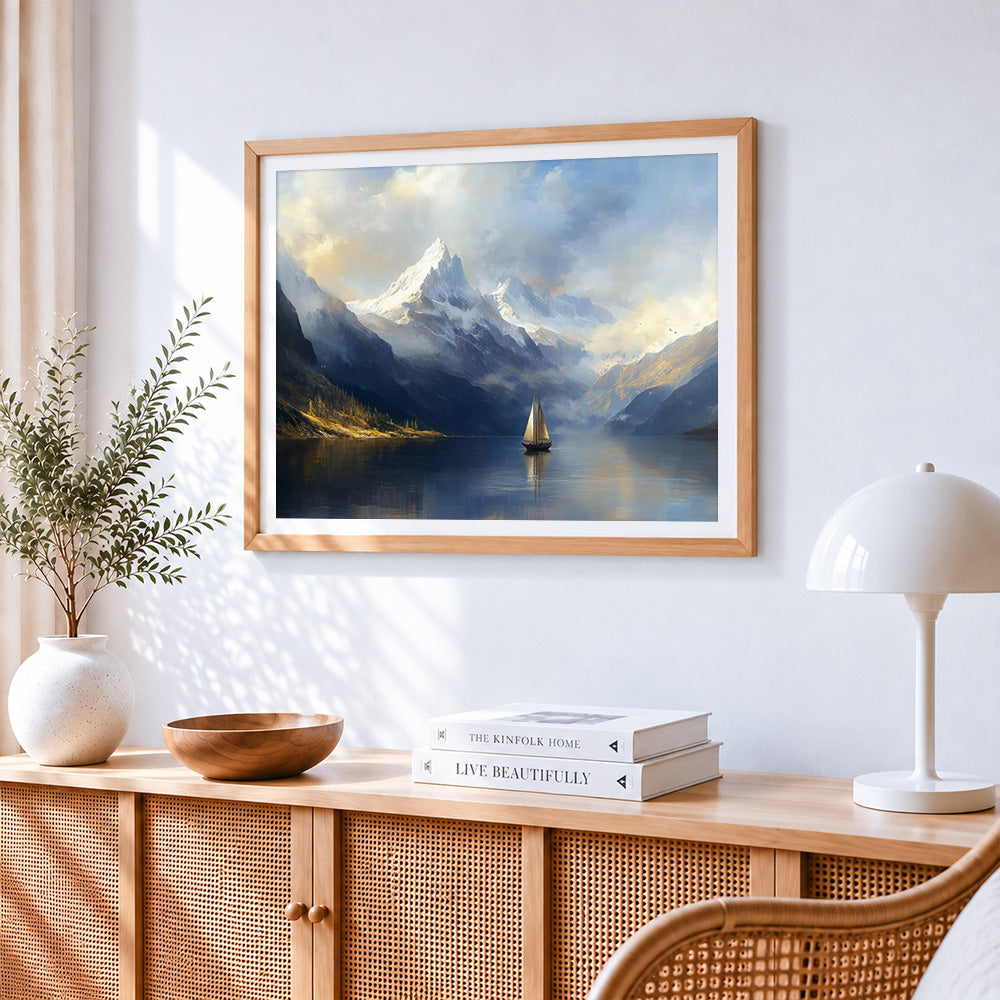 Misty mountain and sailboat paint by numbers artwork displayed on wall as home decor