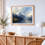Misty mountain and sailboat paint by numbers artwork displayed on wall as home decor