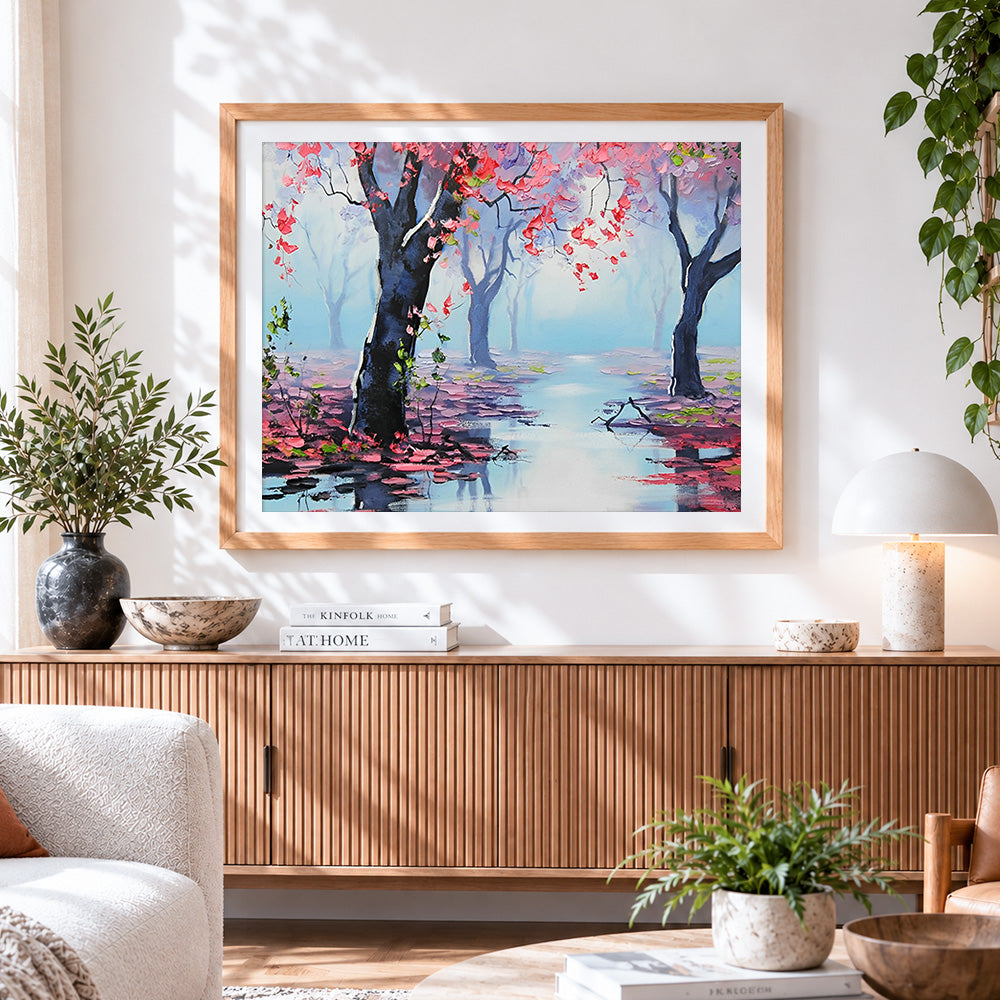 Finished misty pink blossom forest cross stitch artwork displayed