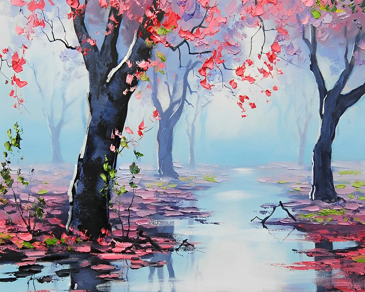 Misty pink blossom forest cross stitch kit for beginners