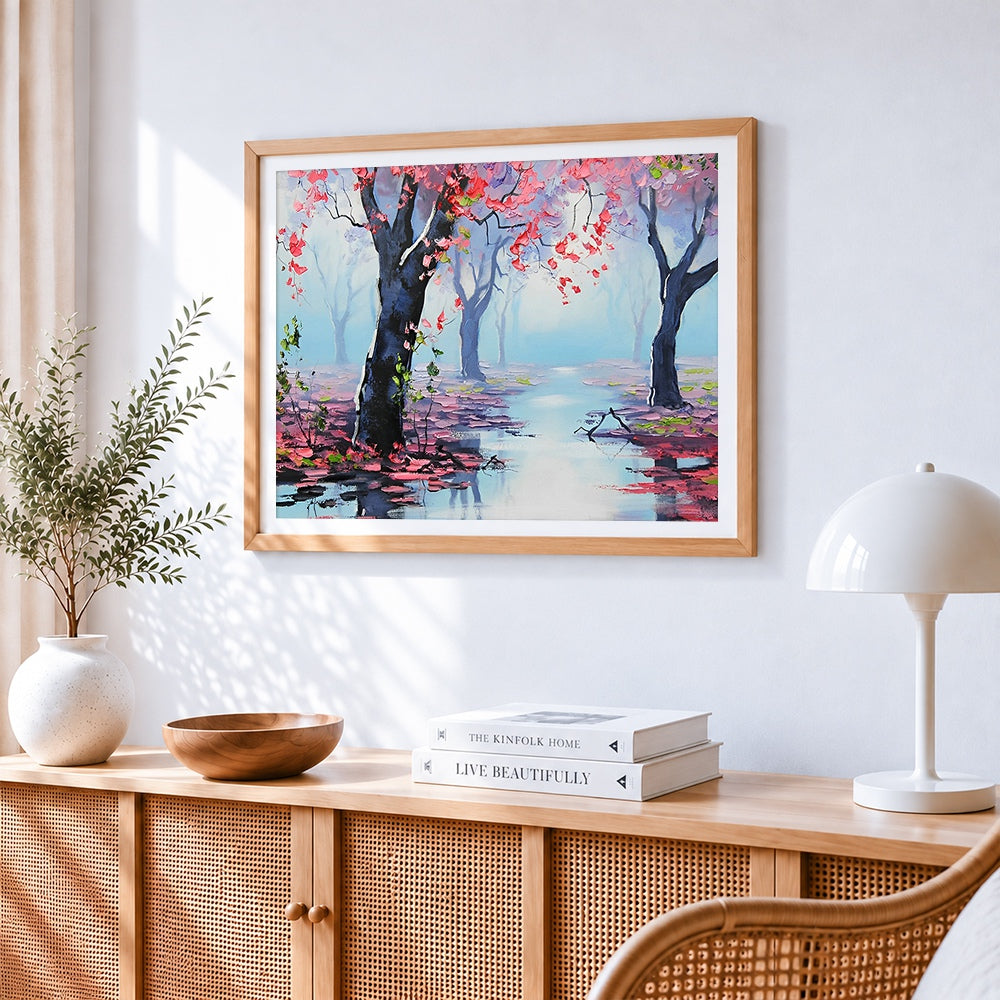 Misty pink blossom forest cross stitch artwork displayed on wall as home decor
