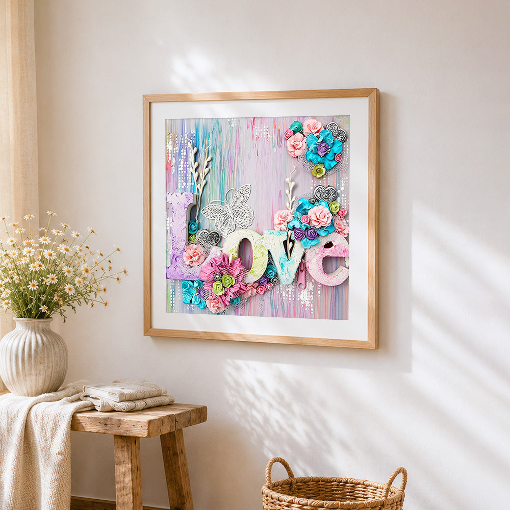 Mixed media love floral collage cross stitch artwork displayed on wall as home decor