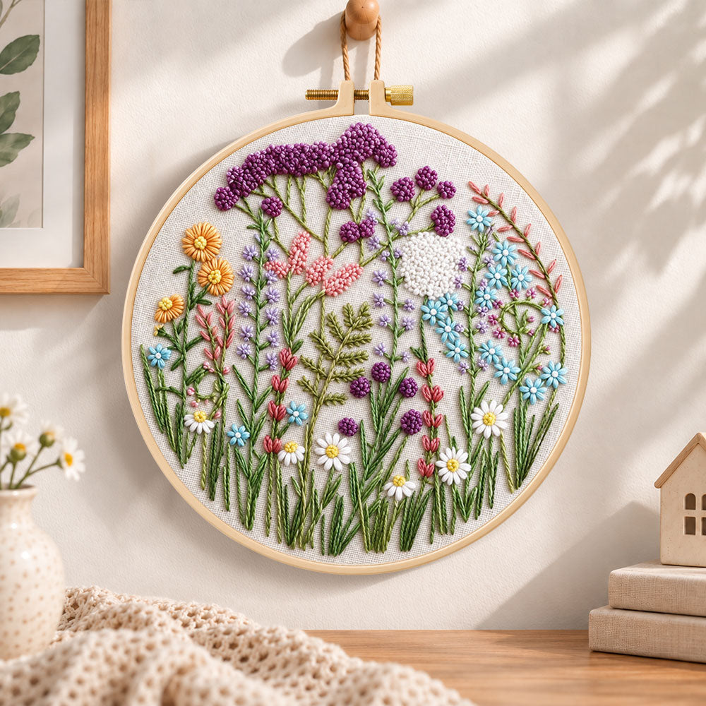 Mixed wildflower field embroidery hoop wall art displayed as warm and cosy handmade home decor