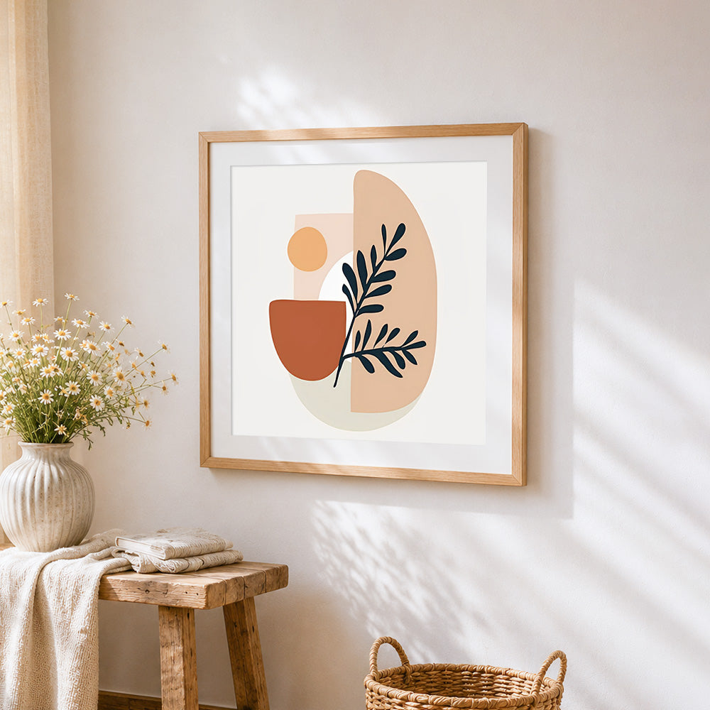 Modern abstract botanical shapes cross stitch artwork displayed on wall as home decor