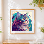 Finished modern abstract colourful cat cross stitch artwork displayed