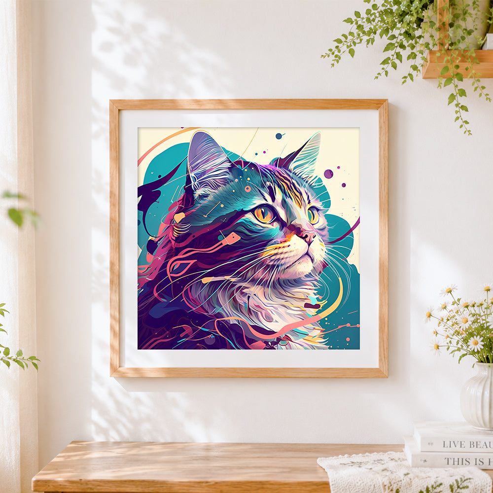 Finished modern abstract colourful cat cross stitch artwork displayed
