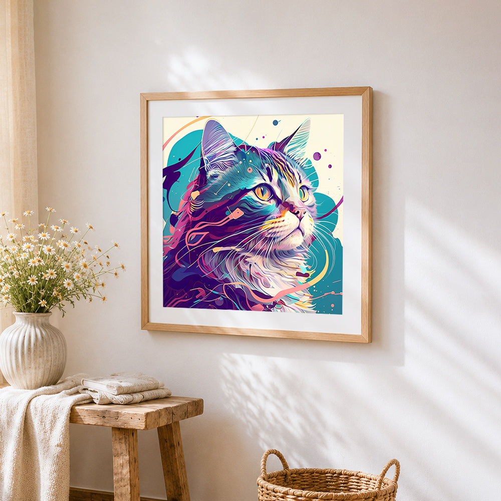 Modern abstract colourful cat cross stitch artwork displayed on wall as home decor