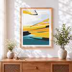 Finished modern abstract landscape cross stitch artwork displayed