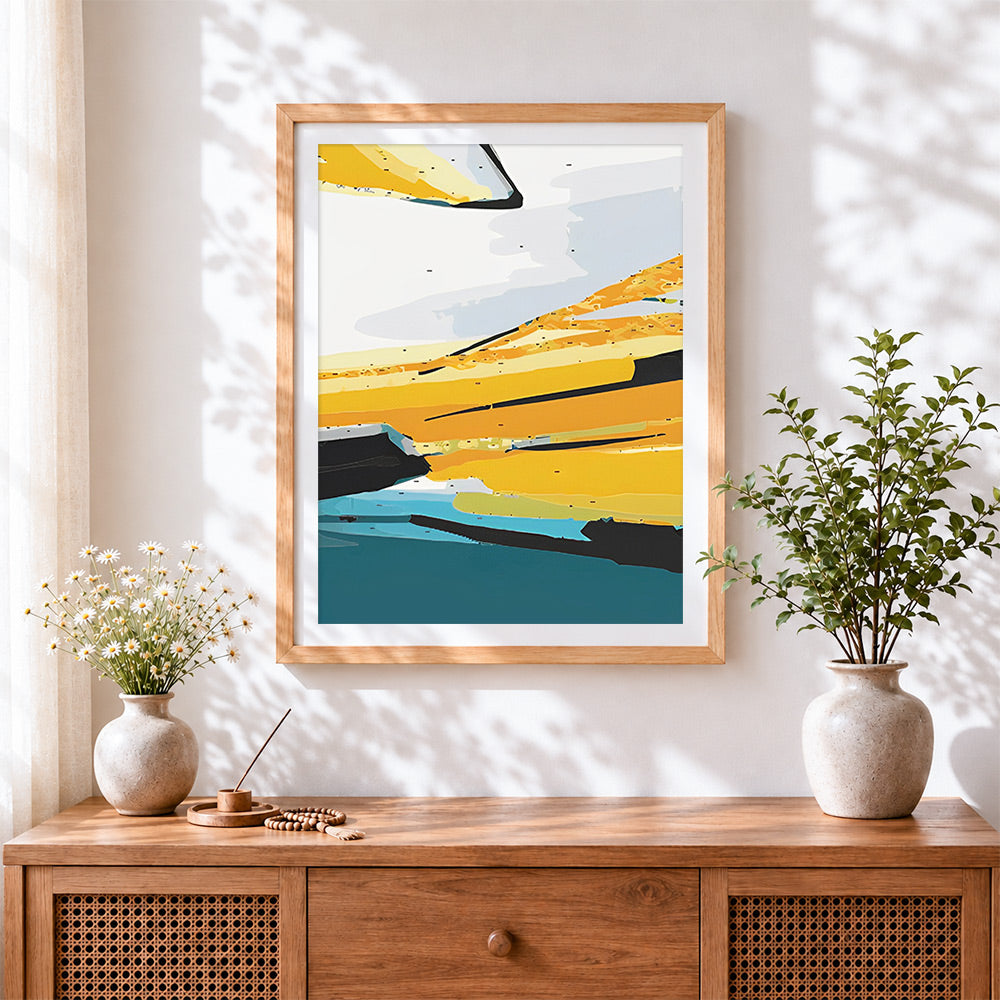 Finished modern abstract landscape cross stitch artwork displayed
