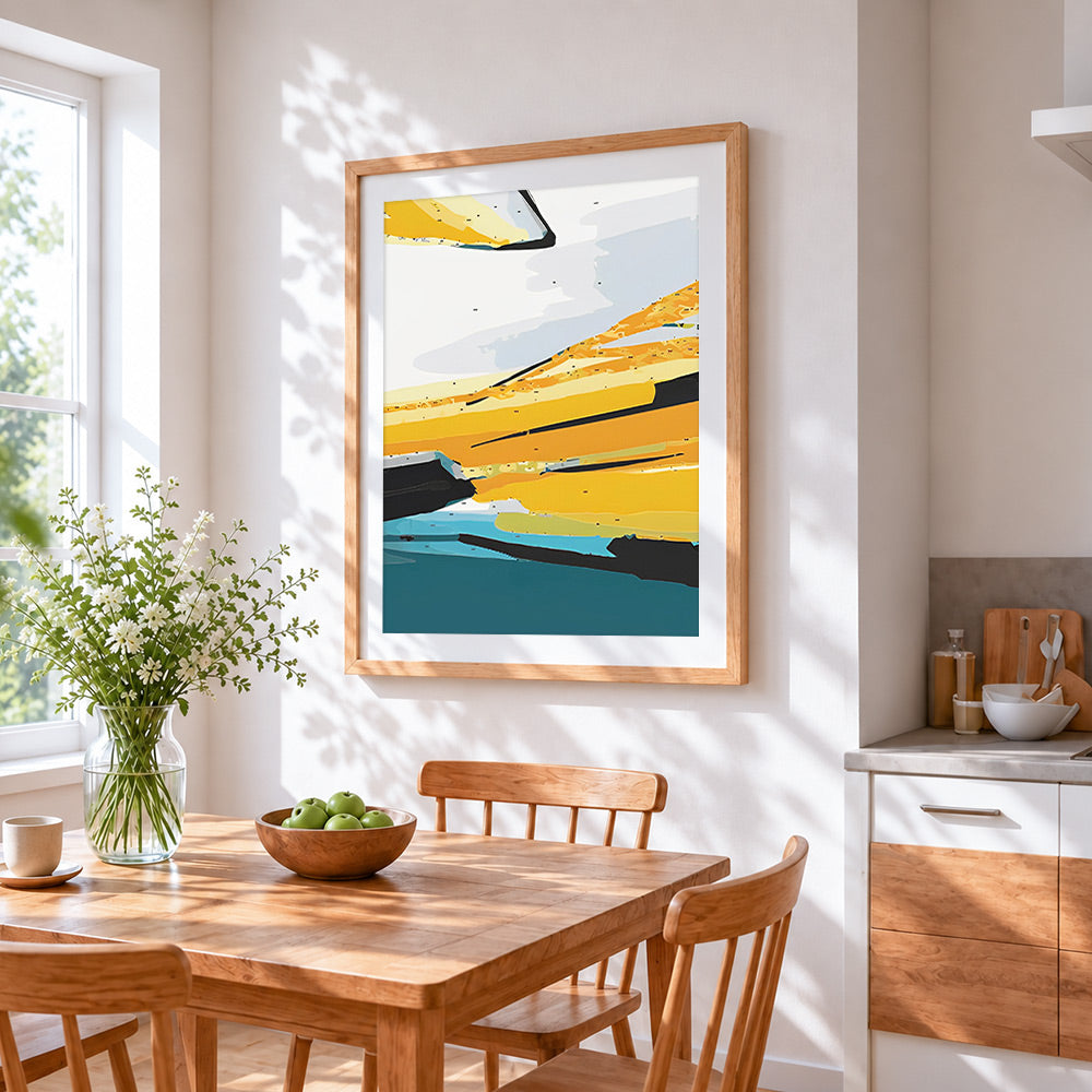 Modern abstract landscape cross stitch artwork displayed on wall as home decor