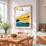 Modern abstract landscape cross stitch artwork displayed on wall as home decor